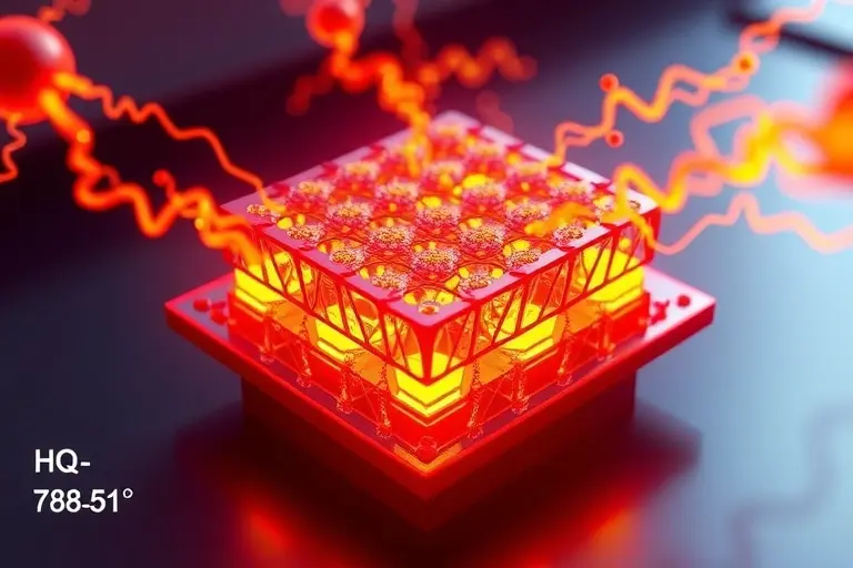 A high-quality scientific illustration showing a futuristic metamaterial device generating thermal energy, with visible heat flow patterns, atomic lattice structures, and energy conversion mechanisms, rendered in the style of HQ-768-512-h