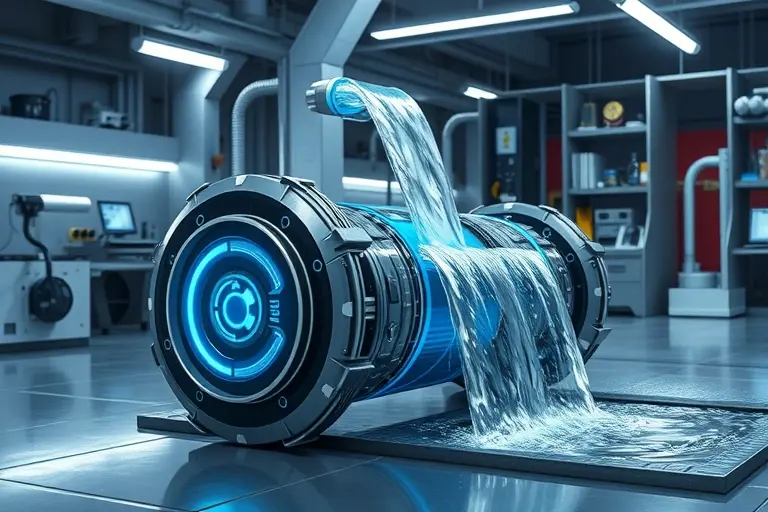 A futuristic hydro ram device that defies the laws of physics, with water flowing uphill and creating a perpetual motion effect. The device should be sleek and modern, with glowing blue accents and intricate mechanical details. The background should be a high-tech laboratory with advanced equipment and a sense of scientific experimentation.