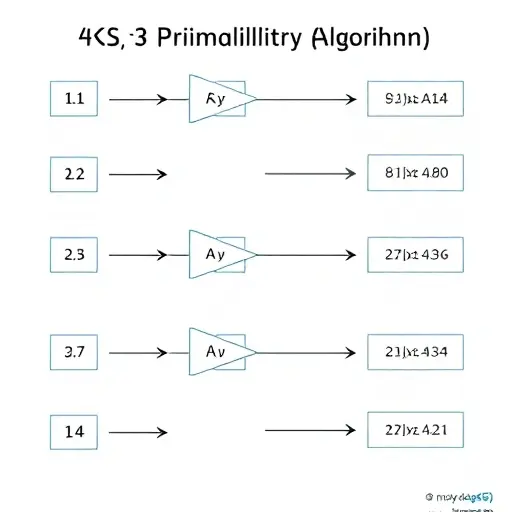 A clean, educational illustration showing a step-by-step flowchart of the AKS primality testing algorithm, with simple geometric shapes, labeled steps, and mathematical symbols representing number verification, no text or numbers in the image, minimalistic scientific illustration style