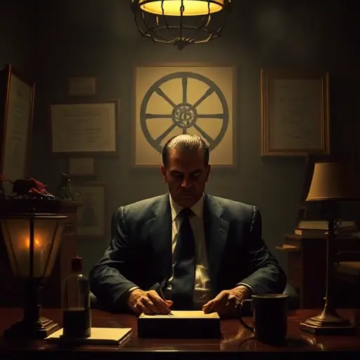 A dramatic scene showing a classic mafia figure in a dimly lit office, surrounded by symbolic representations of obligations and paradoxical logic, with stylized elements that convey tension and intrigue