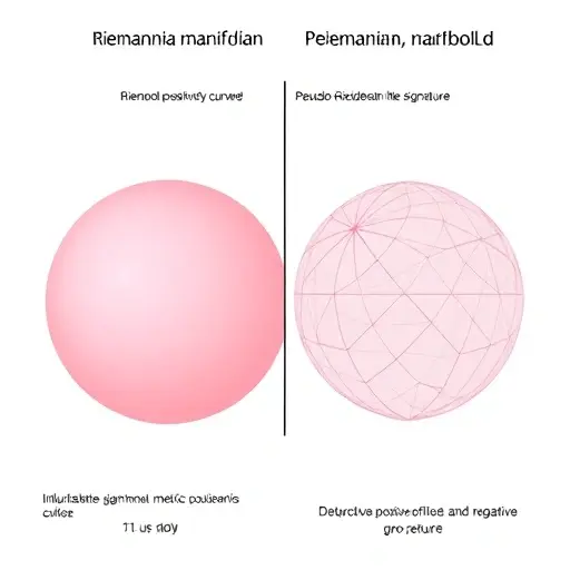 A visual representation of the conceptual differences between Riemannian and pseudo-Riemannian geometry. The image should depict two distinct geometric spaces side by side. On the left, show a smooth, positively curved Riemannian manifold with a consistent metric signature, illustrating the familiar Euclidean-like properties. On the right, depict a pseudo-Riemannian manifold with a varying metric signature, highlighting the presence of both positive and negative curvature regions. Use abstract g