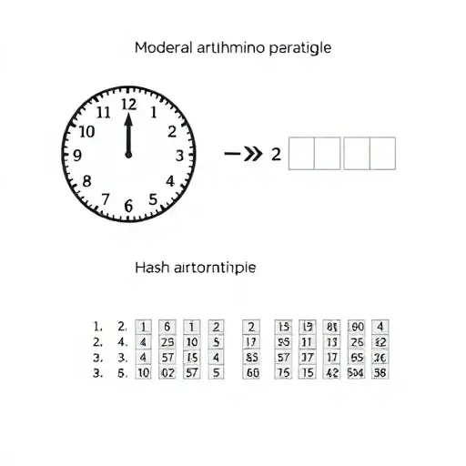 A clean, abstract illustration representing modular arithmetic and hash functions, showing a circular modular clock face with numbers 0-9, arrows indicating modulo operation, and a hash function diagram with input blocks transforming into evenly distributed output bins, all in a minimalist scientific style