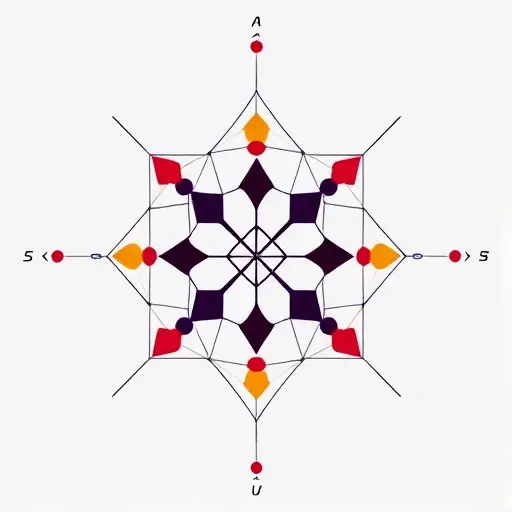 A visual representation of quadratic residues and the law of quadratic reciprocity by Gauss. Depict a symmetrical geometric pattern or abstract design that symbolizes the relationship between two different odd numbers. Use a grid or lattice structure to represent the quadratic residues, with colors or shapes indicating the residues and their interactions. The design should be balanced and harmonious, reflecting the symmetry and mutual dependence described by the law of quadratic reciprocity.