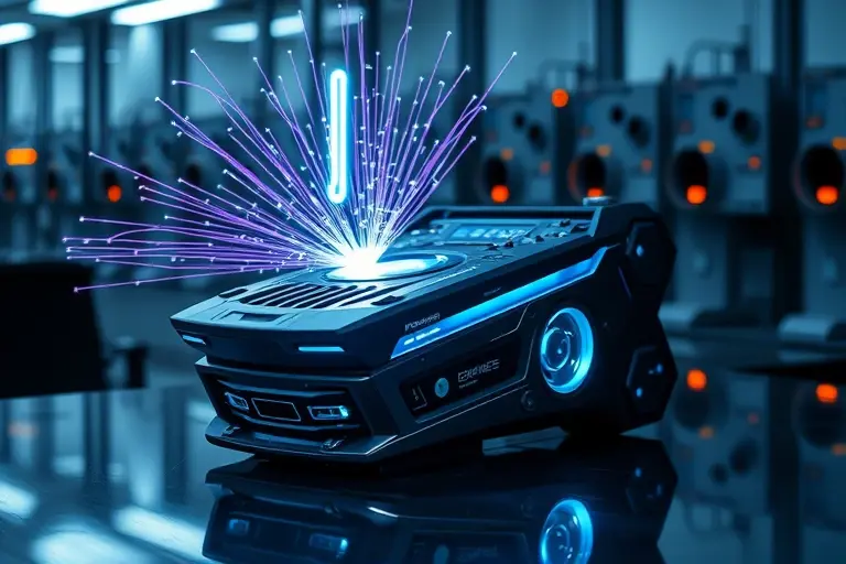 A futuristic device called an 'Ionophone' that appears to defy the laws of physics. The device should have a sleek, high-tech design with glowing ion trails emanating from it, suggesting it manipulates ionized particles. The setting should be a modern laboratory with advanced equipment in the background, highlighting the scientific context. The device should be the central focus, with intricate details and a sense of mystery about its function.