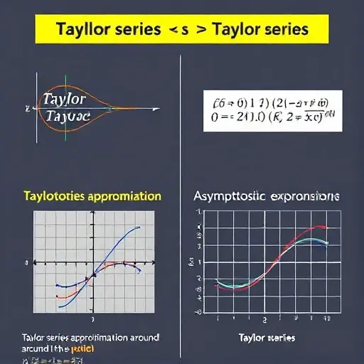 A visual representation comparing Taylor series and asymptotic expansions. Depict a graph showing a function and its Taylor series approximation around a point, alongside a graph showing the asymptotic expansion's behavior as the variable approaches infinity. Use different colors to distinguish between the two approximations. The graphs should clearly illustrate the convergence behavior of each method.