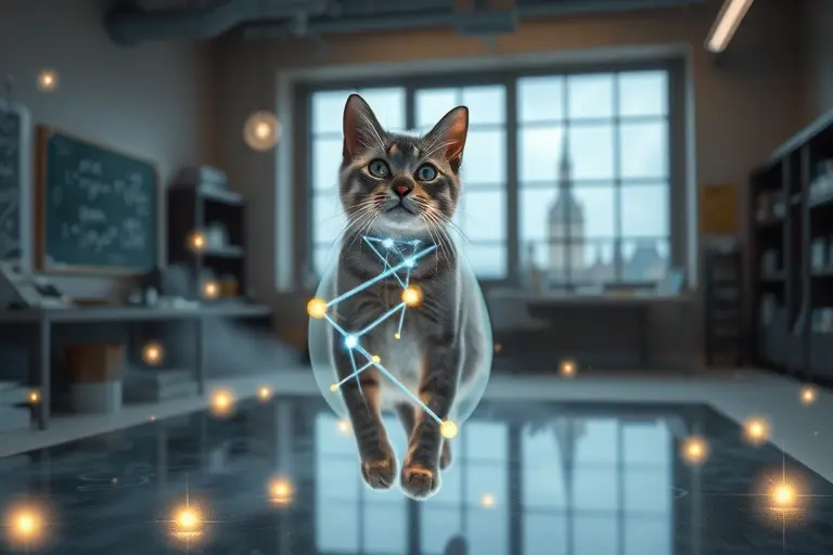 A surreal cat with glowing quantum particles orbiting its body, half-transparent and half-solid, floating in a surreal laboratory with floating chalkboard equations, soft bioluminescent mist, and a subtle Oxford skyline visible through a large window in the background, cinematic lighting, ultra-detailed, 8K resolution, photorealistic with surreal quantum elements