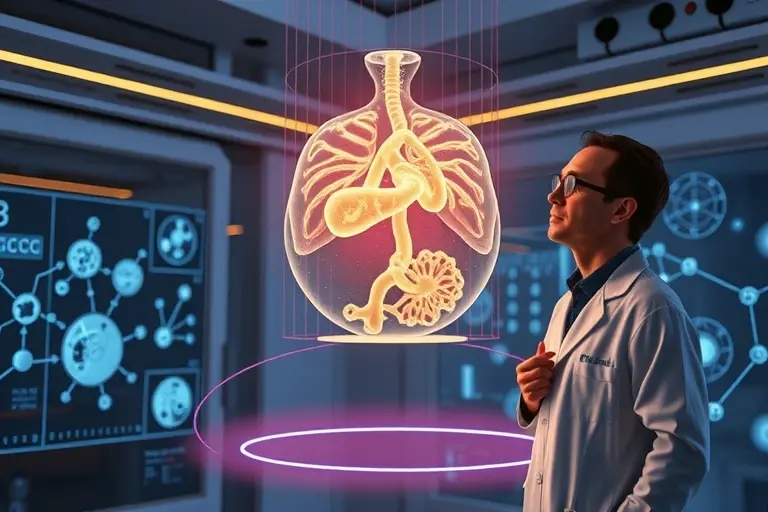 A futuristic bioengineering laboratory where a scientist in a sleek white lab coat observes a levitating, glowing organ scaffold suspended in mid-air by invisible bio-levitation forces. The organ appears semi-transparent with intricate vascular structures, surrounded by floating clusters of cells and nanotech particles. Soft, high-tech lighting highlights the levitation field, and advanced holographic displays show molecular diagrams in the background. The scene conveys cutting-edge scientific i