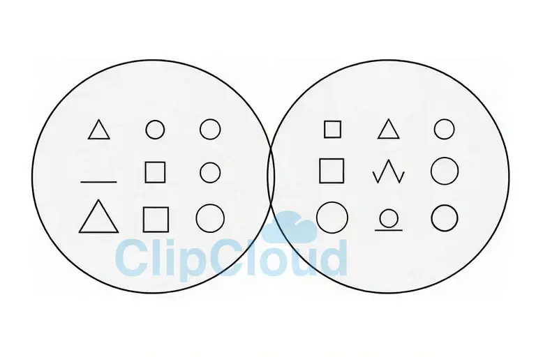 An abstract visual representation of set equality based on elements: two overlapping circles (Venn diagram style) with identical elements inside, symbolizing that sets are equal if and only if they contain the same elements. Inside each circle, the same set of distinct geometric shapes (e.g., triangle, square, circle) is shown, emphasizing element-wise equality. No text, numbers, or labels are present. The background is neutral and minimalistic, focusing on the symbolic equivalence of the sets t