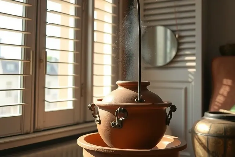 A traditional Russian cooling device without electricity, such as a clay pot with water evaporation system, placed in a sunlit apartment interior with shutters partially closed to block heat, showing condensation on the pot and a calm, cool atmosphere