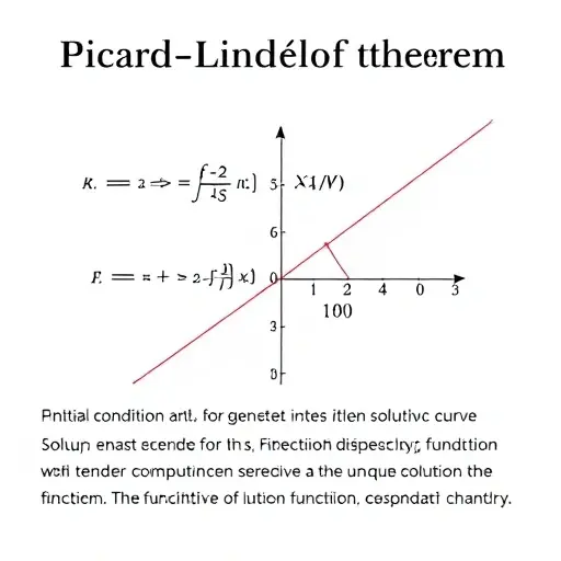 A geometric representation of the Picard-Lindelöf theorem. Depict a function, an initial condition, and a solution curve. Show the function and solution curve intersecting at the initial condition point. Include a visual representation of the derivative of the function. The overall image should convey the concept of a unique solution existing under certain conditions.