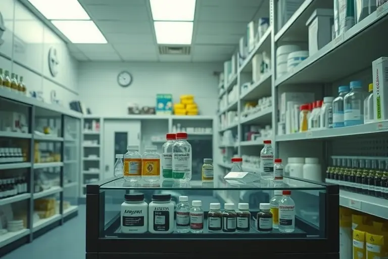 A sterile, brightly lit pharmacy with shelves stocked with various medical supplies. Focus on a display case containing vials and containers labeled with scientific-looking text. Subtle visual cues suggesting radioactive materials, like faint glowing effects or a slightly hazy atmosphere, but not explicitly depicting radiation.