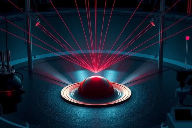 A high‑resolution scientific illustration of a laboratory experiment modeling Hawking radiation, featuring a controlled analog horizon (such as a flowing fluid or optical medium) with a subtle black‑hole‑like boundary, laser beams and photon detectors arranged around it, precise scientific instruments, and visualized particle‑antiparticle pair emission near the horizon, rendered in realistic detail and a professional scientific style.