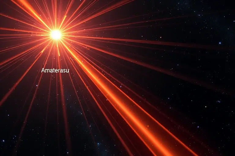 A cosmic ray particle named Amaterasu, depicted as a brilliant, glowing beam of energy piercing through the darkness of space. The beam should be vibrant and dynamic, with a sense of immense power and mystery. The background should feature a starry sky with distant galaxies and nebulae, emphasizing the vastness and beauty of the universe. The image should convey the awe-inspiring nature of this high-energy cosmic phenomenon.
