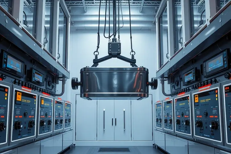 A high-tech passive magnetic holding system with a sleek industrial design, showing a heavy metal load securely suspended in mid-air by invisible magnetic forces, surrounded by subtle electronic control panels with glowing indicators, no visible mechanical supports, clean laboratory or factory environment, realistic lighting, high detail