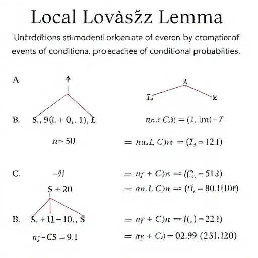 A scholarly illustration of a mathematical concept titled 'Local Lovász Lemma — Conditions of Limited Dependence of Events and Estimation of Conditional Probabilities', showing abstract probability trees, dependency graphs, and conditional probability formulas in a clean academic style