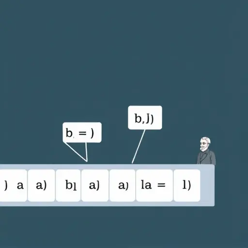 A stylized illustration of a Markov algorithm in action: a tape with symbols being processed by a set of labeled rules (like 'a → b', 'b → ε') shown as floating cards above the tape, with a small figure of Andrey Markov observing calmly in the background, minimalist line art with soft gradients, modern infographic aesthetic, no text or labels visible in the image