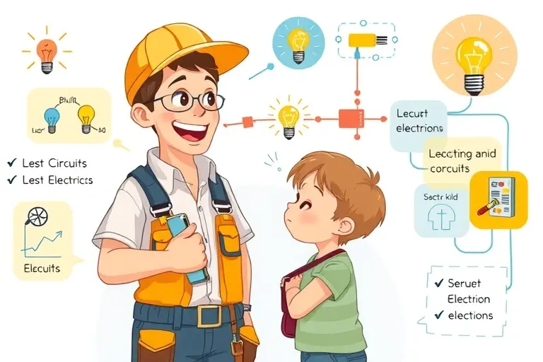 A bright, educational illustration showing a friendly electrician explaining basic electricity concepts to a curious child, with colorful diagrams of circuits, light bulbs, and wires, all in a clean, high-quality style