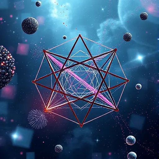 A surreal illustration of a non-commutative geometry concept visualized as interlocking geometric shapes and abstract quantum particles, with a subtle hint of a topological space limitation, rendered in a smallHQ style
