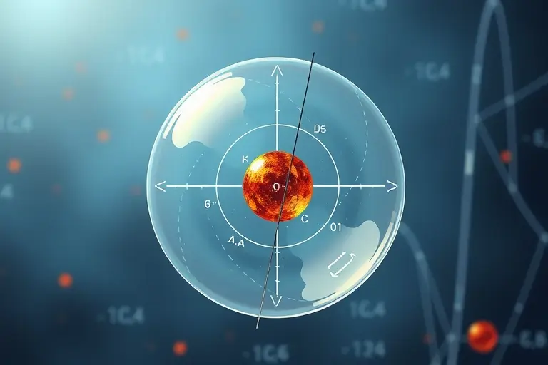 A high-quality scientific illustration showing a proton with a subtle radius measurement diagram, atomic nucleus representation, and classical physics equations in background, all rendered in the style "HQ-768-512-h"
