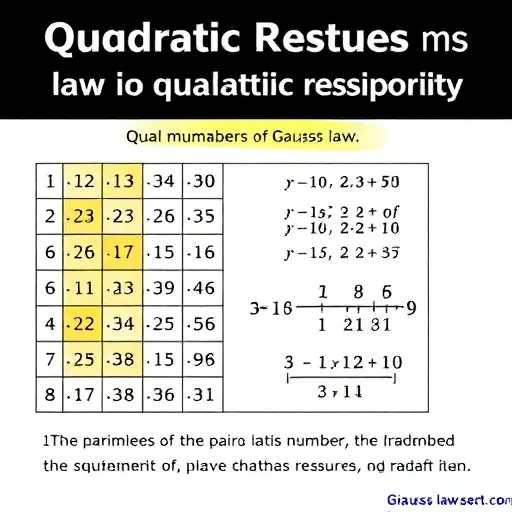 A visual representation of quadratic residues and the law of quadratic reciprocity, featuring a grid of numbers with highlighted squares to indicate quadratic residues, and a diagram illustrating the relationship between pairs of prime numbers as described by Gauss's law. The image should convey the abstract mathematical concepts in a clear and visually appealing manner.