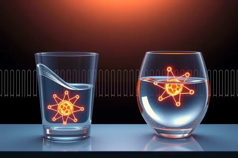 A scientific illustration showing two distinct liquid states of matter, such as water and a second exotic liquid, with glowing atomic structures and subtle x-ray wave patterns indicating experimental verification, rendered in a clean, high-detail technical diagram style