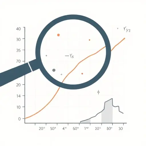 A minimalist scientific illustration showing a magnifying glass over a statistical graph with confidence intervals, abstract data points, and subtle mathematical symbols, rendered in a clean, flat design with muted colors and no text or numbers