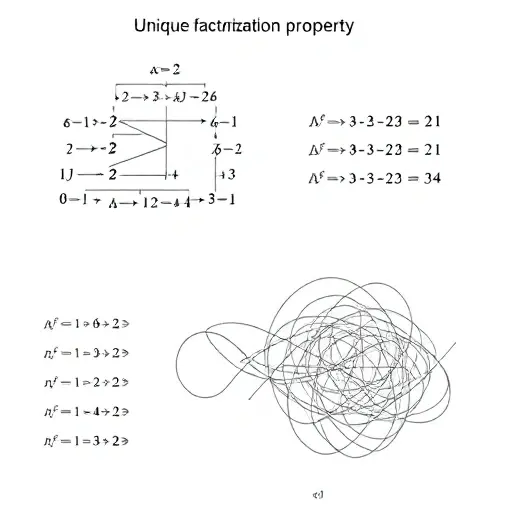 An abstract mathematical visualization showing the unique factorization property in principal ideal domains, with symbolic representations of irreducible elements forming a tree-like structure where each branch splits into prime factors, contrasted with a fragmented, non-unique factorization ring depicted as a tangled network with multiple divergent paths leading to different factorizations of the same element, all rendered in a clean, minimalist, high-detail style suitable for educational illus