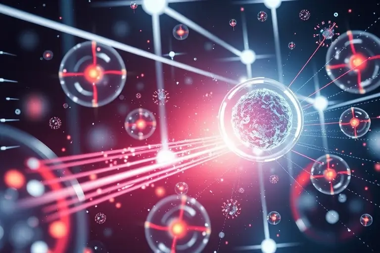 A futuristic laboratory scene showing subatomic particles interacting with light beams in a quantum field, with glowing electron clouds, photon trails, and crystalline structures representing matter at the quantum scale, rendered in ultra-high detail with soft volumetric lighting and a sense of dynamic energy exchange, abstract yet scientifically inspired, no text or labels