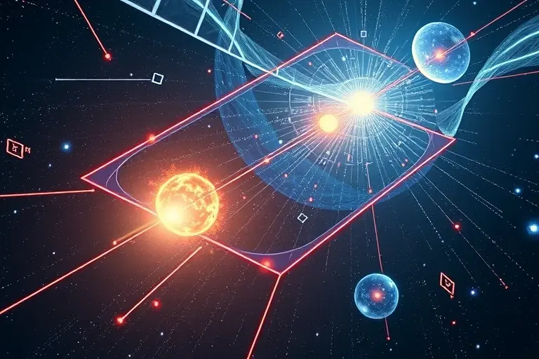 A high-quality scientific illustration showing a cosmic holographic projection with information streams and entropy symbols, representing thermodynamic expansion of the universe, rendered in the style "HQ-768-512-h"