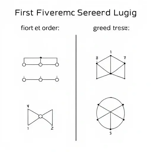 A visual representation of first-order and second-order logic concepts. The image should depict abstract symbols and diagrams that illustrate the differences between the two types of logic. Use geometric shapes and lines to represent logical structures, with first-order logic shown as simpler, more straightforward diagrams and second-order logic depicted with more complex, interconnected elements. The overall composition should be clean and minimalistic, focusing on clarity and precision.