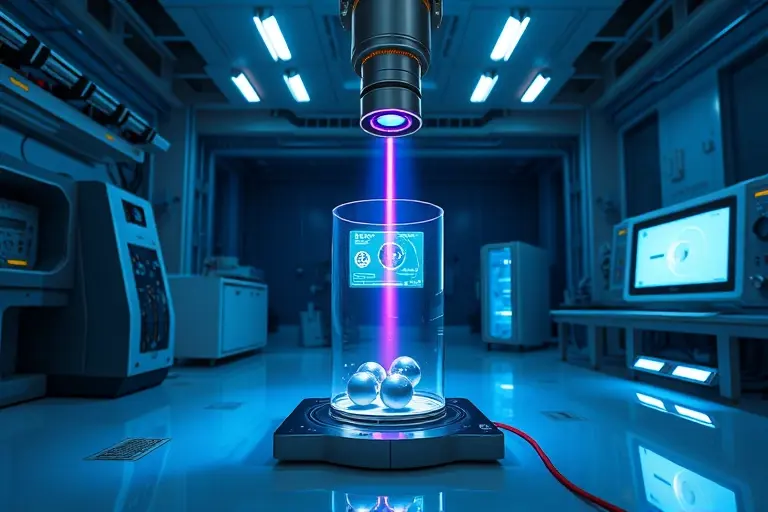 A futuristic laboratory setup showcasing a laser cooling experiment. The scene should include a high-tech laser apparatus emitting a beam towards a small container with atoms or molecules, demonstrating the Doppler cooling effect. The environment should have a clean, scientific aesthetic with advanced equipment, control panels, and a hint of glowing blue or green laser light. The focus should be on the interaction between the laser and the particles, illustrating the concept of laser cooling.