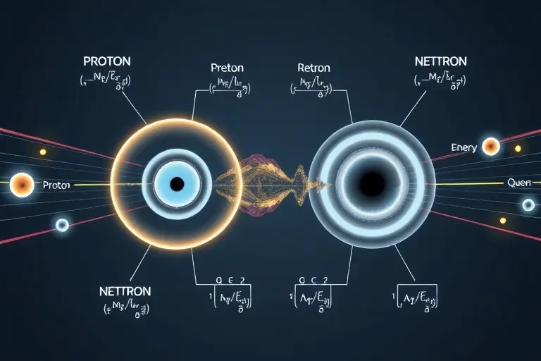A detailed scientific illustration depicting electromagnetic mass splitting of baryons, showing proton and neutron with subtle mass difference visualized through energy level diagrams, Feynman-like diagrams of quark interactions with photon exchange, and soft glowing electromagnetic field lines surrounding the baryons, all rendered in a clean, high-resolution theoretical physics style with muted blues, grays, and gold accents, no text or labels