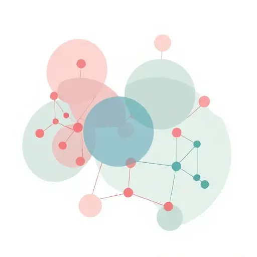 A visually appealing representation of Ramsey theory. Depict overlapping sets of nodes (circles) in a graph, with some edges connecting nodes. The overlapping regions should highlight the concept of guaranteed structure within complex systems. Use a color palette that emphasizes interconnectedness and patterns.