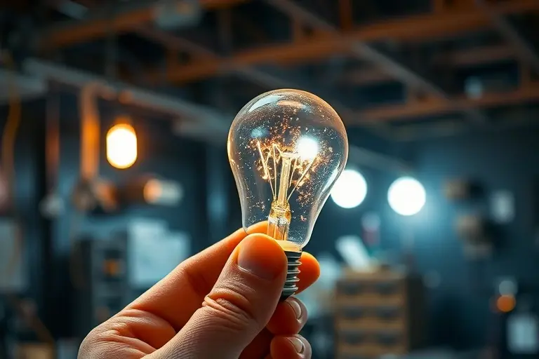 A close-up of a hand holding a light bulb with visible electric current flowing through it, showing sparks and bright glowing wires, background blurred with a dark workshop setting, high detail, realistic lighting