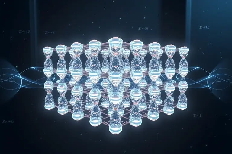 A futuristic scientific visualization of time crystals: a glowing, repeating lattice structure in 3D space, with atoms or ions arranged in a periodic pattern that oscillates in time without external energy input, surrounded by subtle quantum wave patterns and soft blue-white light emissions, set against a dark, minimalist laboratory background with faint holographic equations floating in the air, conveying the concept of spontaneous temporal symmetry breaking in quantum physics