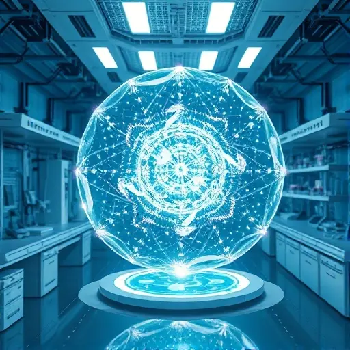 A futuristic robotics laboratory with active crystals made of rotating particles, showcasing advanced technology that appears to defy conventional physics. The crystals should be glowing and dynamic, with intricate patterns formed by the rotating particles. The lab should have high-tech equipment and a clean, modern design.