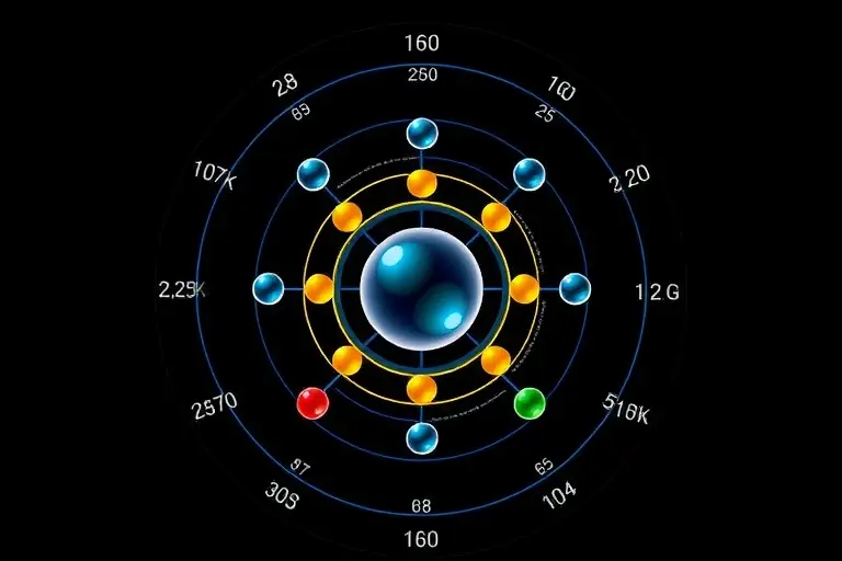 A detailed scientific illustration of atomic nuclei with magic numbers, showing proton and neutron shells in a spherical structure, with energy levels and filled orbitals depicted as concentric rings, symbolizing nuclear stability, in a clean, educational style