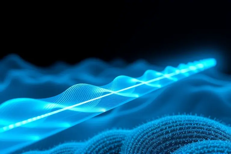 A high-tech visualization of distributed acoustic sensing in optical fiber, showing a glowing fiber optic cable running through a landscape with subtle sound wave ripples traveling along it, depicted in a clean, futuristic, and scientific style with blue and cyan lighting, no text or labels