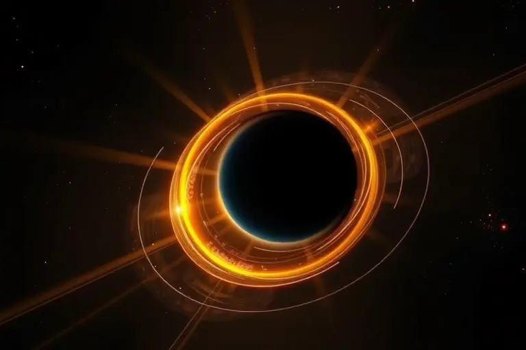 A high-quality scientific illustration showing the shadow of a black hole surrounded by a luminous accretion disk, with polarized light rays emerging from the disk and a faint magnetic field structure visualized as subtle curved lines around the shadow, rendered in a realistic astrophysical style with accurate colors and details