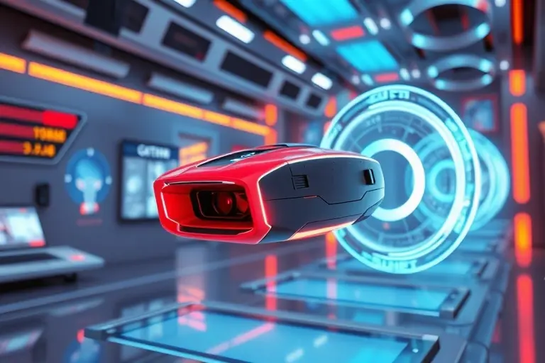 A futuristic scene showcasing advanced gadgets that defy the laws of physics. The gadgets should be seamlessly integrated with holographic interfaces and voice control systems. The setting should be a high-tech laboratory or a futuristic cityscape, with sleek, modern designs and vibrant colors. The gadgets should appear to be floating or interacting with holograms, demonstrating their advanced capabilities.