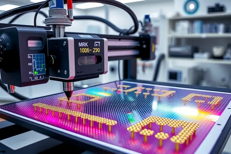 A high-tech printing system showcasing structural colors with iridescent, vibrant hues generated by microscopic nanostructures, contrasting with traditional CMYK inkjet printing dots on paper, clean laboratory setting with scientific equipment in the background, ultra-detailed, photorealistic