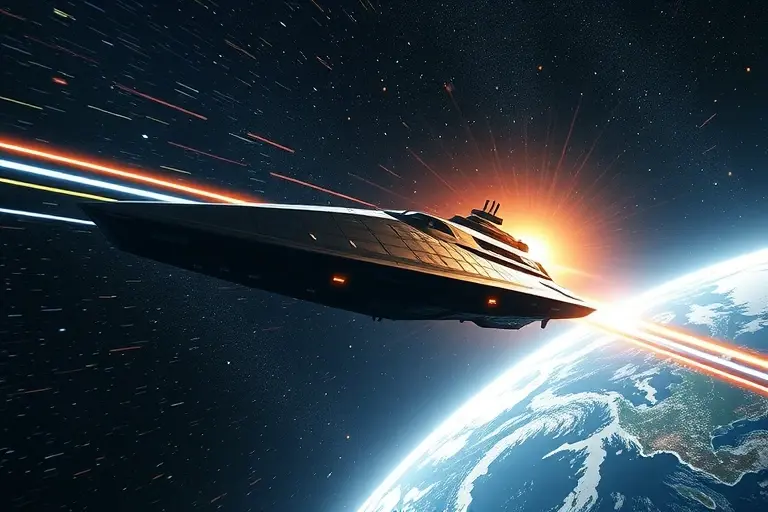 A visually stunning depiction of Einstein's theory of special relativity. Show a spaceship traveling at a significant fraction of the speed of light, with light bending around it due to its immense mass. Include a visual representation of time dilation, perhaps with a clock on the spaceship appearing to slow down relative to an observer on Earth. The background should be a vast, starry cosmos.