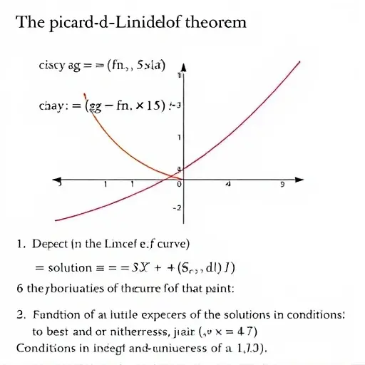 A geometric representation of the Picard-Lindelöf theorem. Depict a function (e.g., a curve) and a differential equation. Show a point on the curve and a nearby point, illustrating the concept of a solution. Include a visual representation of the conditions for existence and uniqueness of the solution, perhaps using shaded regions or highlighting specific areas of the function.