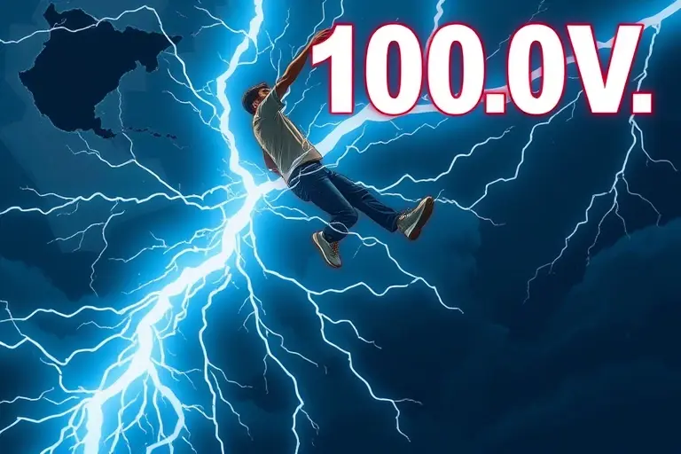 A dramatic illustration of a person being struck by a massive bolt of electricity, with bright arcs of lightning illuminating a dark sky, emphasizing the intensity of 10,000 volts, rendered in a high-quality, detailed style