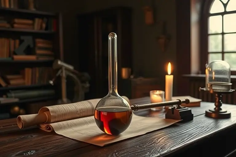 An ancient scientific instrument from the 16th century, resembling an early thermoscope with a glass bulb and narrow tube submerged in a liquid, placed on a wooden table beside parchment scrolls and candlelight, in a dimly lit Renaissance study with shelves of books and astronomical tools in the background, historical scientific atmosphere