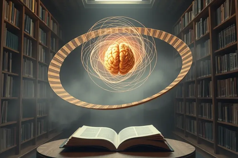 A surreal composition illustrating the paradox of Rishar, featuring an endless Möbius strip formed from abstract phonetic waveforms and open books, floating above a misty academic library. At the center, a glowing brain emits swirling ribbons of sound that loop back onto the strip, creating a visual paradox. The scene uses muted scholarly colors and soft lighting, with no visible text, letters, or numbers.