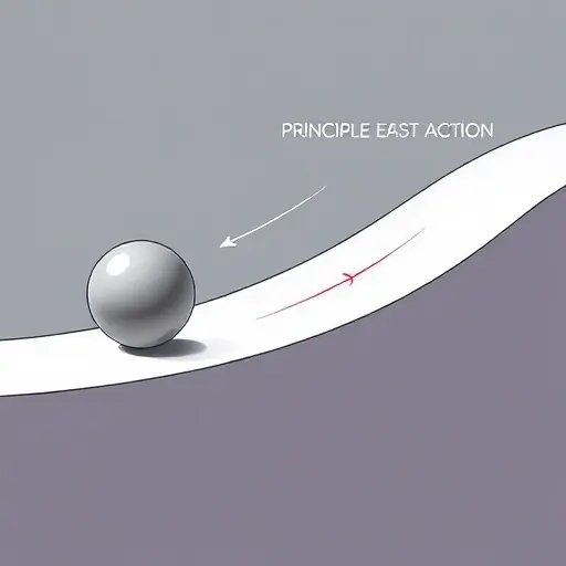 A detailed illustration of a ball rolling down a curved surface, demonstrating the principle of least action in classical mechanics. The surface should be smooth and the ball clearly defined. Focus on the path the ball takes, highlighting the concept of minimizing potential energy.