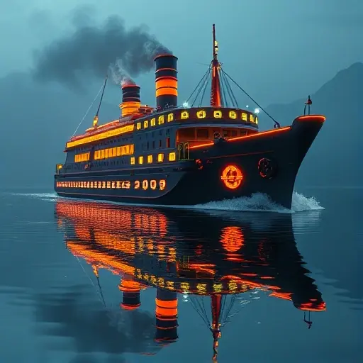 A futuristic steamship from 2009 sailing on a calm river, with glowing neon lights and impossible physics elements like floating gears and impossible reflections, rendered in a smallHQ style