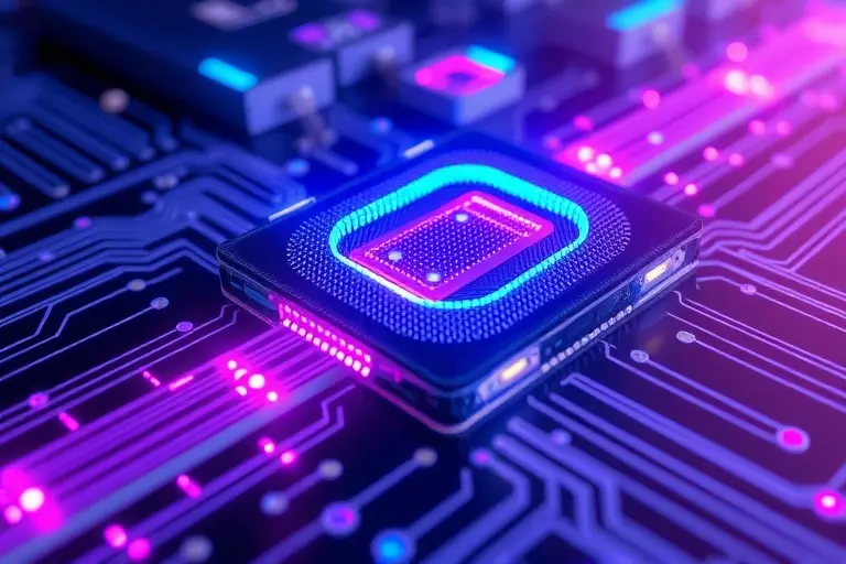 A futuristic photonic integrated circuit with non-magnetic insulators, showing light-based data transmission through waveguides, crystalline insulator materials like silicon nitride or diamond, nanoscale components, glowing optical signals in blue and purple hues, high-tech laboratory background with subtle circuit patterns, ultra-detailed, scientific visualization style