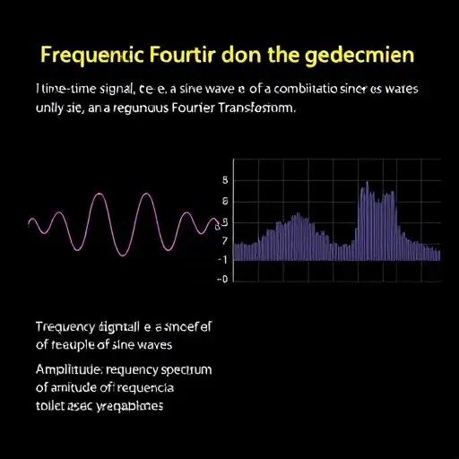 A visual representation of the frequency domain analysis of a signal using the Continuous Fourier Transform. The image should depict a time-domain signal (e.g., a sine wave or a combination of sine waves) on the left, and its corresponding frequency spectrum on the right. The frequency spectrum should show the amplitude of different frequency components. Use a clear and informative visualization, highlighting the relationship between the time and frequency domains.